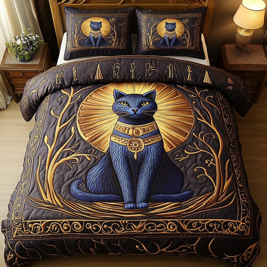 Lunar Guardian quilted 3-piece bedding set on a made bed with two matching pillow shams