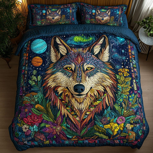 Lunar Howl quilted 3-piece bedding set on a made bed with two matching pillow shams