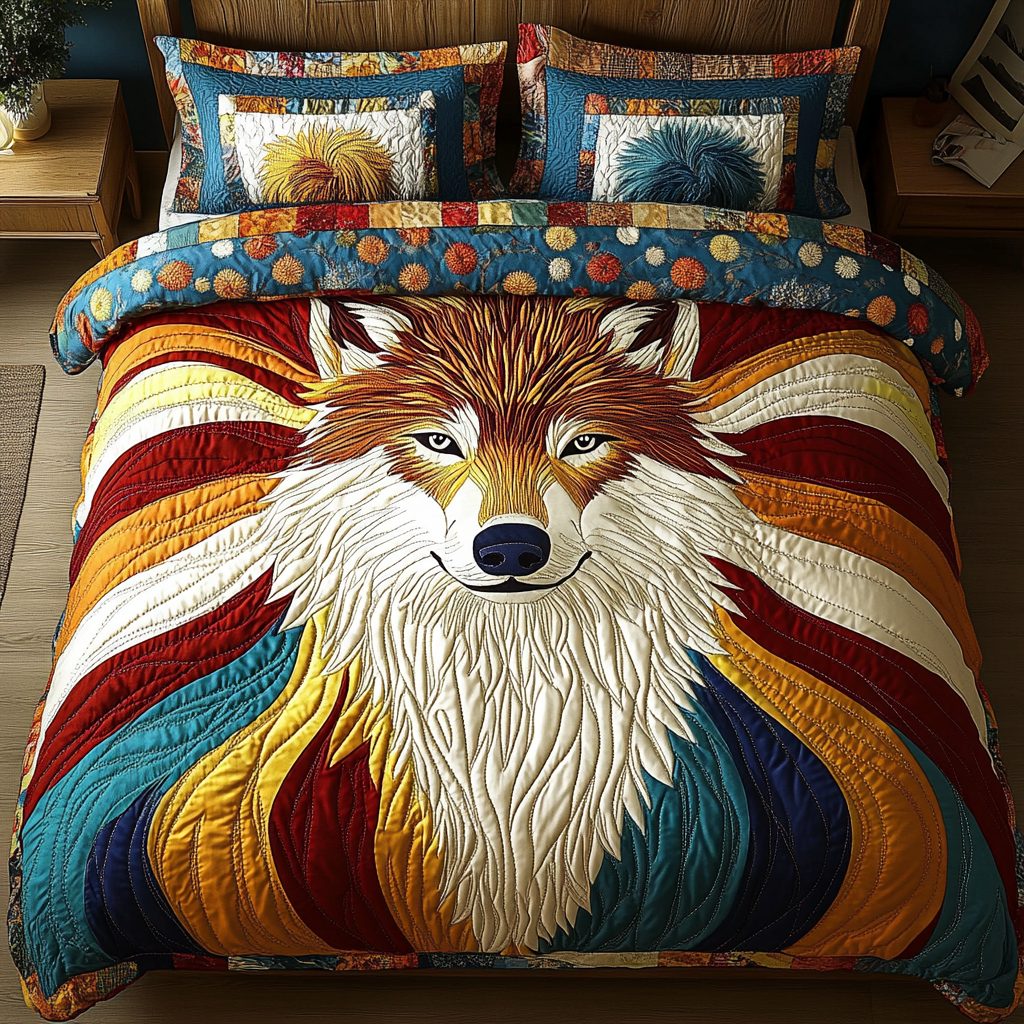 Lunar Howl quilted 3-piece bedding set on a made bed with two matching pillow shams
