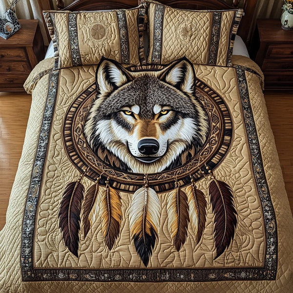 Lunar Howl quilted 3-piece bedding set on a made bed with two matching pillow shams