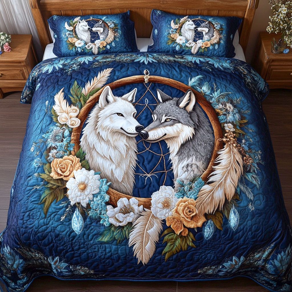 Lunar Howl quilted 3-piece bedding set on a made bed with two matching pillow shams