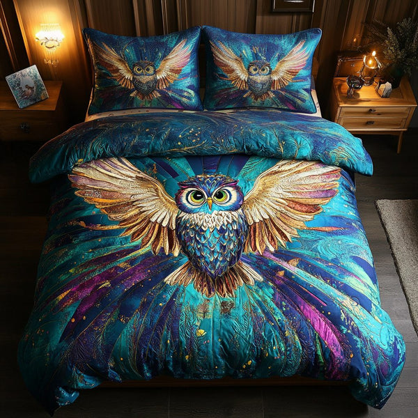 Lunar Lookout quilted 3-piece bedding set on a made bed with two matching pillow shams