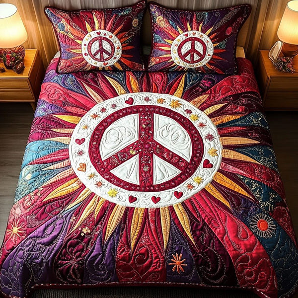 Lunar Love quilted 3-piece bedding set on a made bed with two matching pillow shams