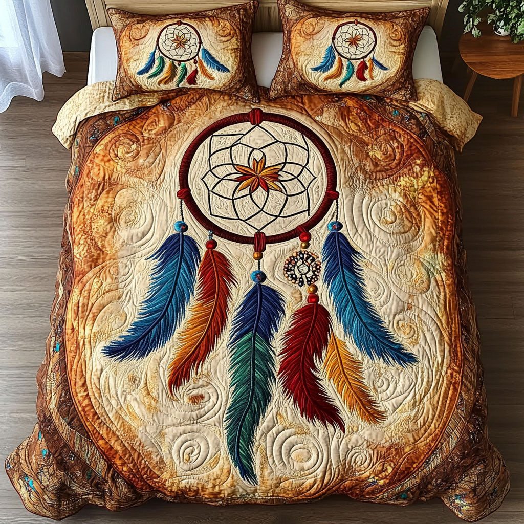 Lunar Lullaby quilted 3-piece bedding set on a made bed with two matching pillow shams