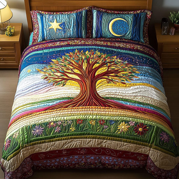 Lunar Meadows quilted 3-piece bedding set on a made bed with two matching pillow shams