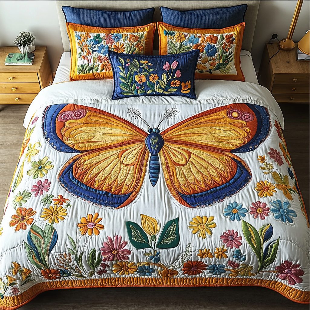 Lunar Moth quilted 3-piece bedding set on a made bed with two matching pillow shams