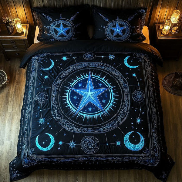 Lunar Pentacle quilted 3-piece bedding set on a made bed with two matching pillow shams