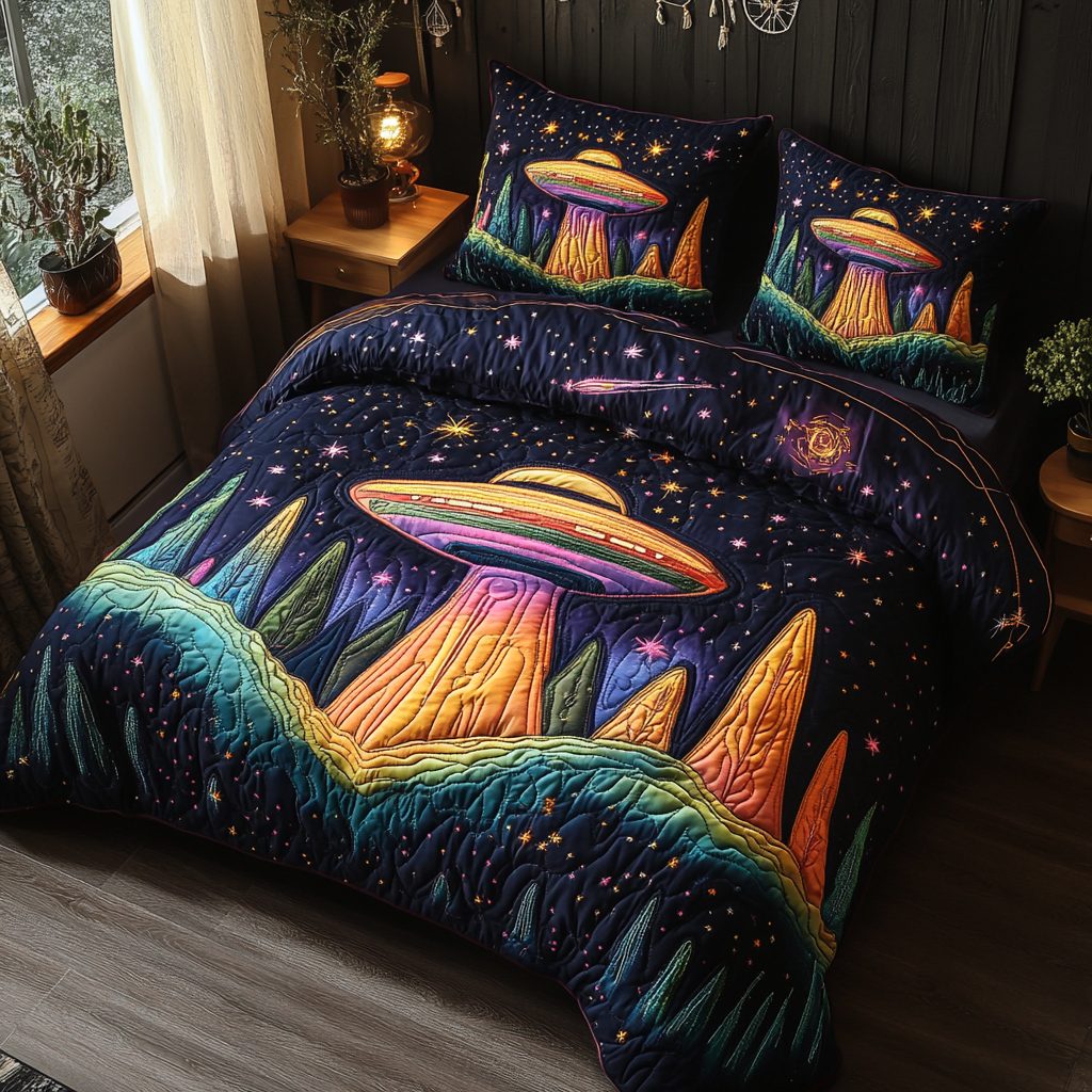 Lunar Saucer quilted 3-piece bedding set on a made bed with two matching pillow shams