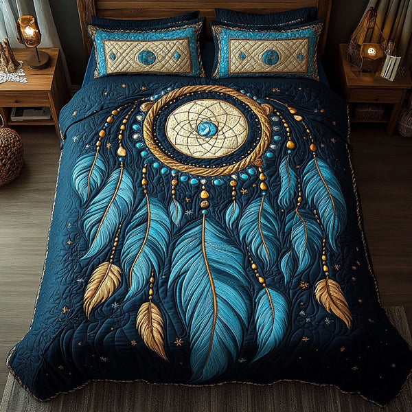 Lunar Serenity quilted 3-piece bedding set on a made bed with two matching pillow shams