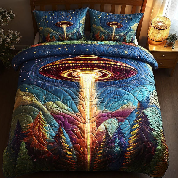 Lunar Visitors quilted 3-piece bedding set on a made bed with two matching pillow shams
