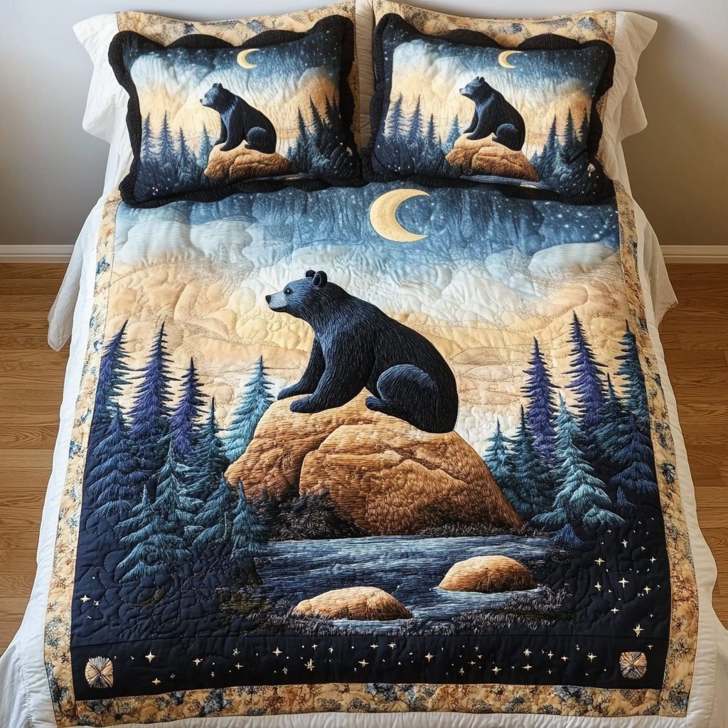 Lunar Watch quilted 3-piece bedding set on a made bed with two matching pillow shams
