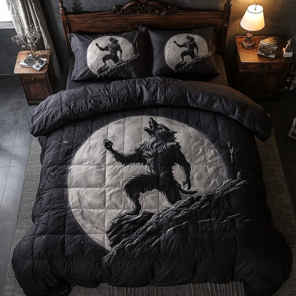 Lunar Werewolf quilted 3-piece bedding set on a made bed with two matching pillow shams