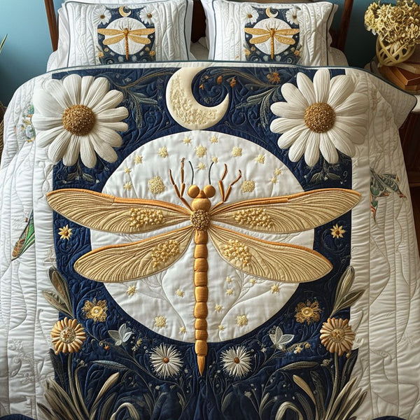 Lunar Whimsy quilted 3-piece bedding set on a made bed with two matching pillow shams