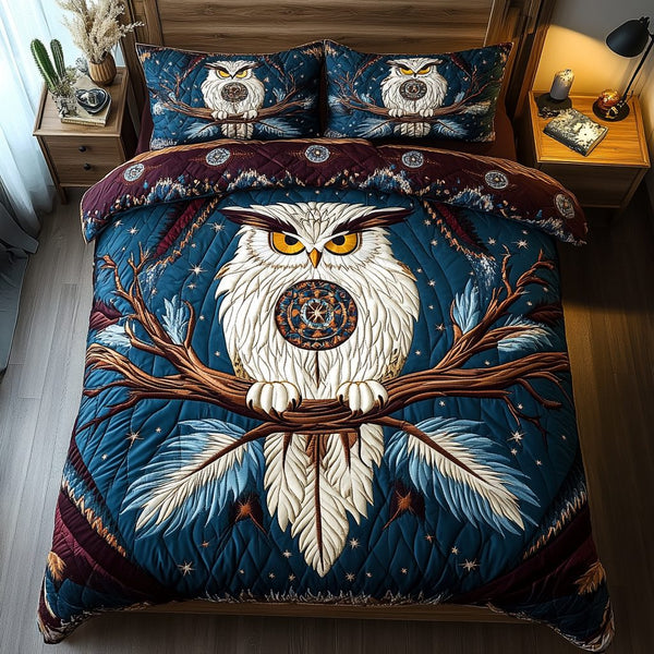 Lunar Wisdom quilted 3-piece bedding set on a made bed with two matching pillow shams