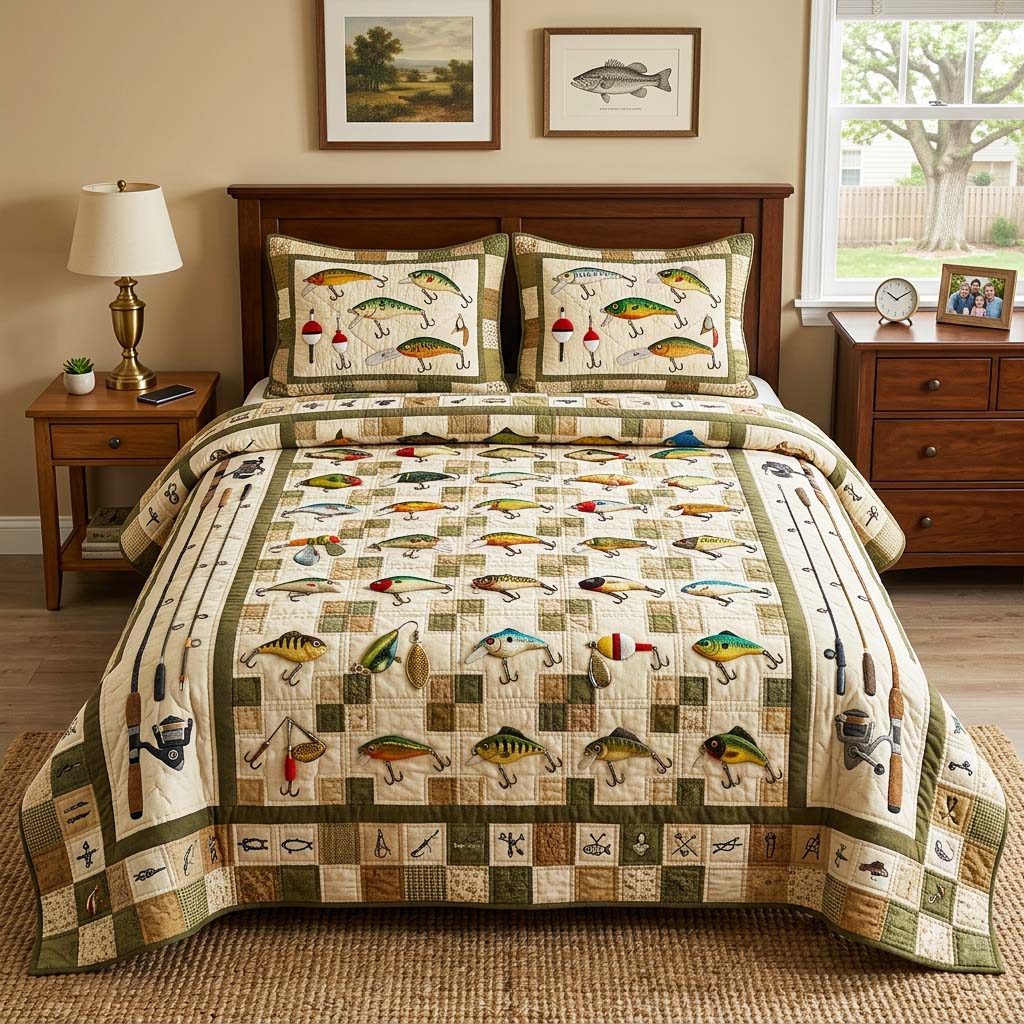 Lure Grid quilted 3-piece bedding set on a made bed with two matching pillow shams