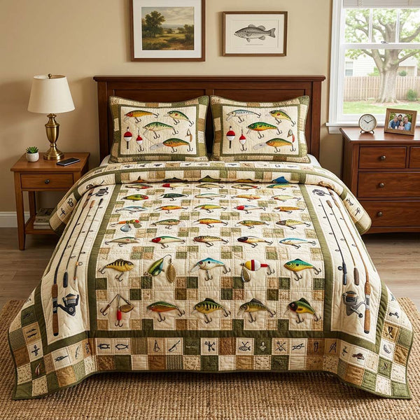 Lure Grid quilted 3-piece bedding set on a made bed with two matching pillow shams
