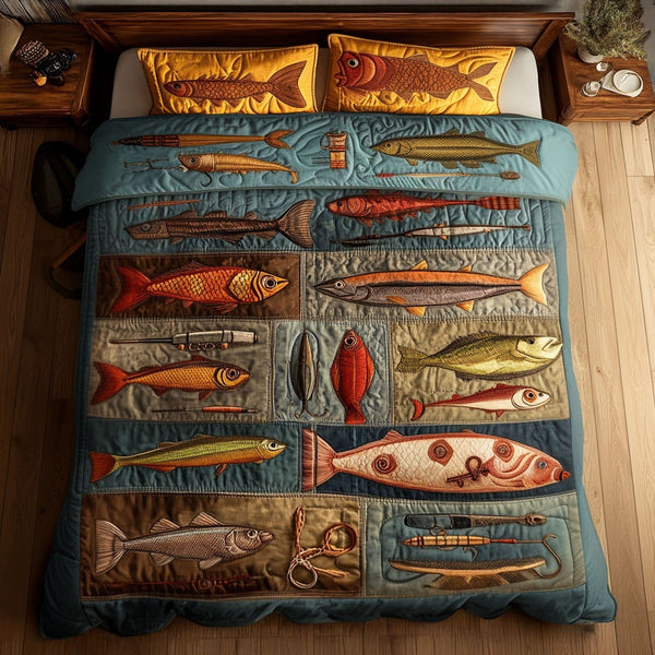 Lure Legends quilted 3-piece bedding set on a made bed with two matching pillow shams