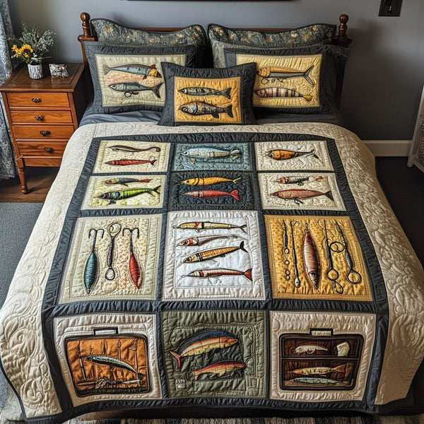 Lure Magic quilted 3-piece bedding set on a made bed with two matching pillow shams