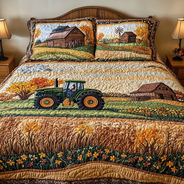 Lush Autumn Landscape quilted 3-piece bedding set on a made bed with two matching pillow shams