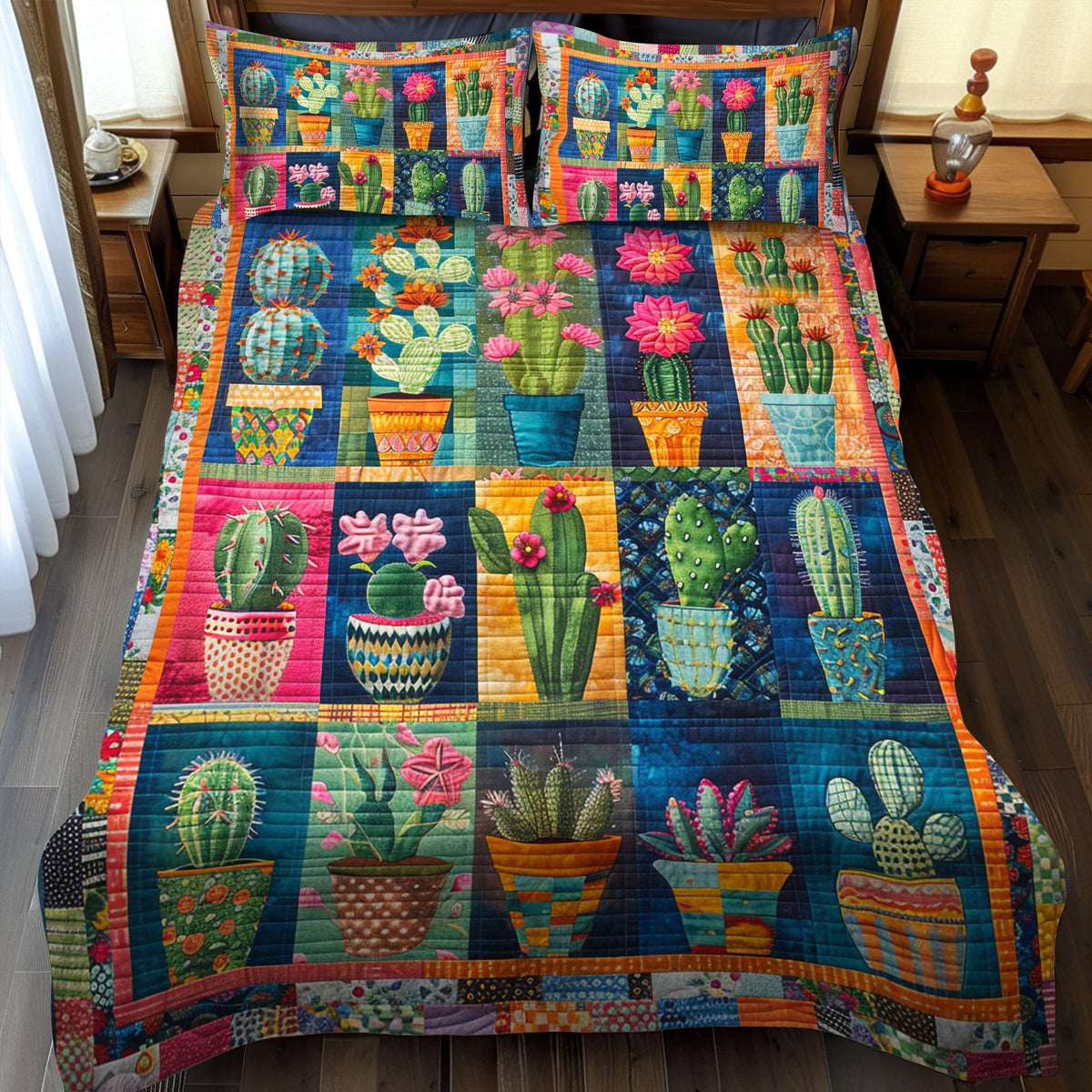 Lush Cacti Fantasy quilted 3-piece bedding set on a made bed with two matching pillow shams