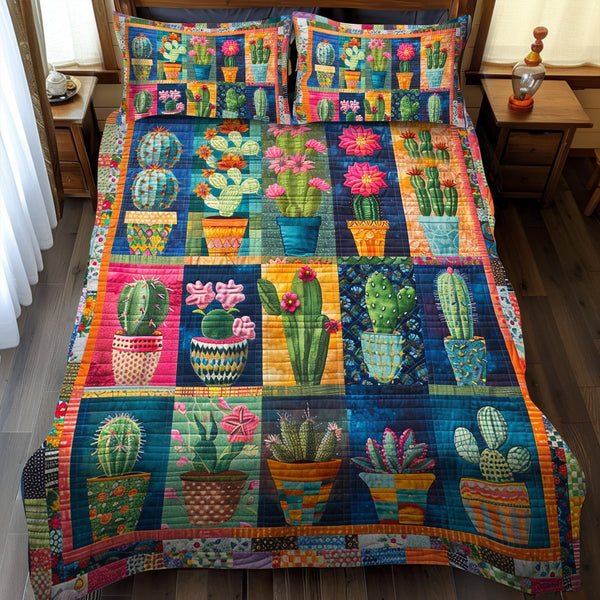 Lush Cacti Fantasy quilted 3-piece bedding set on a made bed with two matching pillow shams