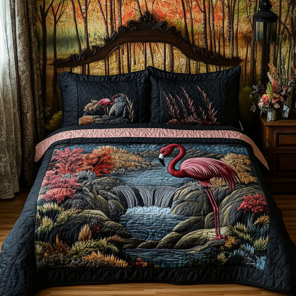 Lush Flamingo Vista quilted 3-piece bedding set on a made bed with two matching pillow shams