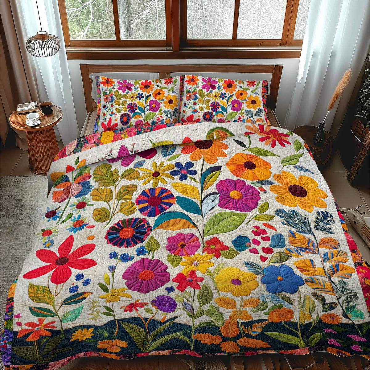 Lush Flowers quilted 3-piece bedding set on a made bed with two matching pillow shams