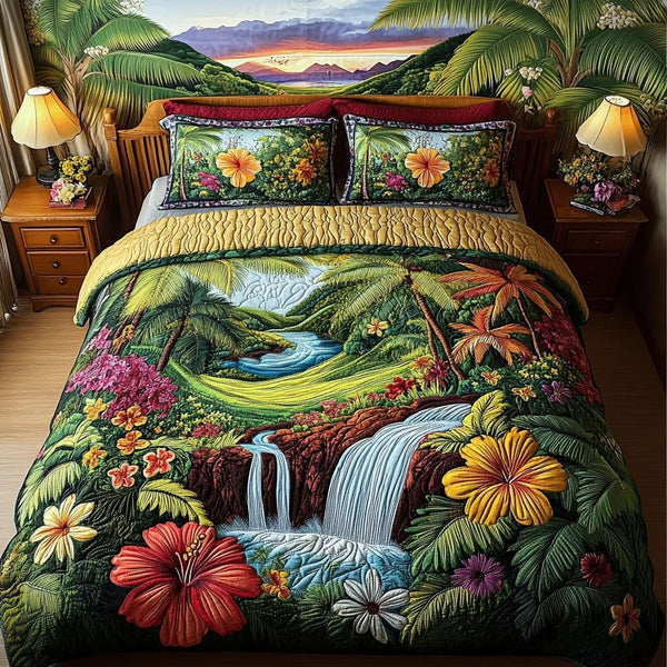 Lush Lagoon quilted 3-piece bedding set on a made bed in a light coastal bedroom