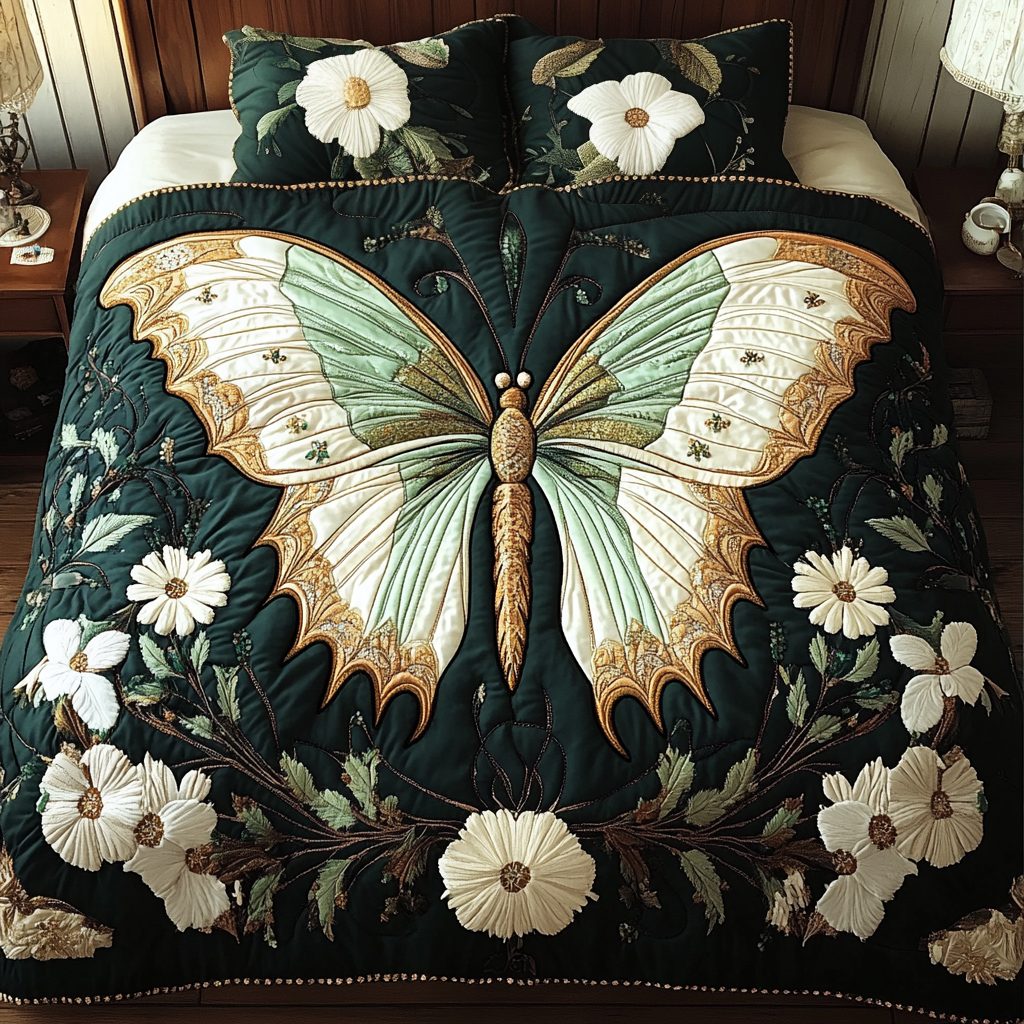 Lush Monarch quilted 3-piece bedding set on a made bed with two matching pillow shams