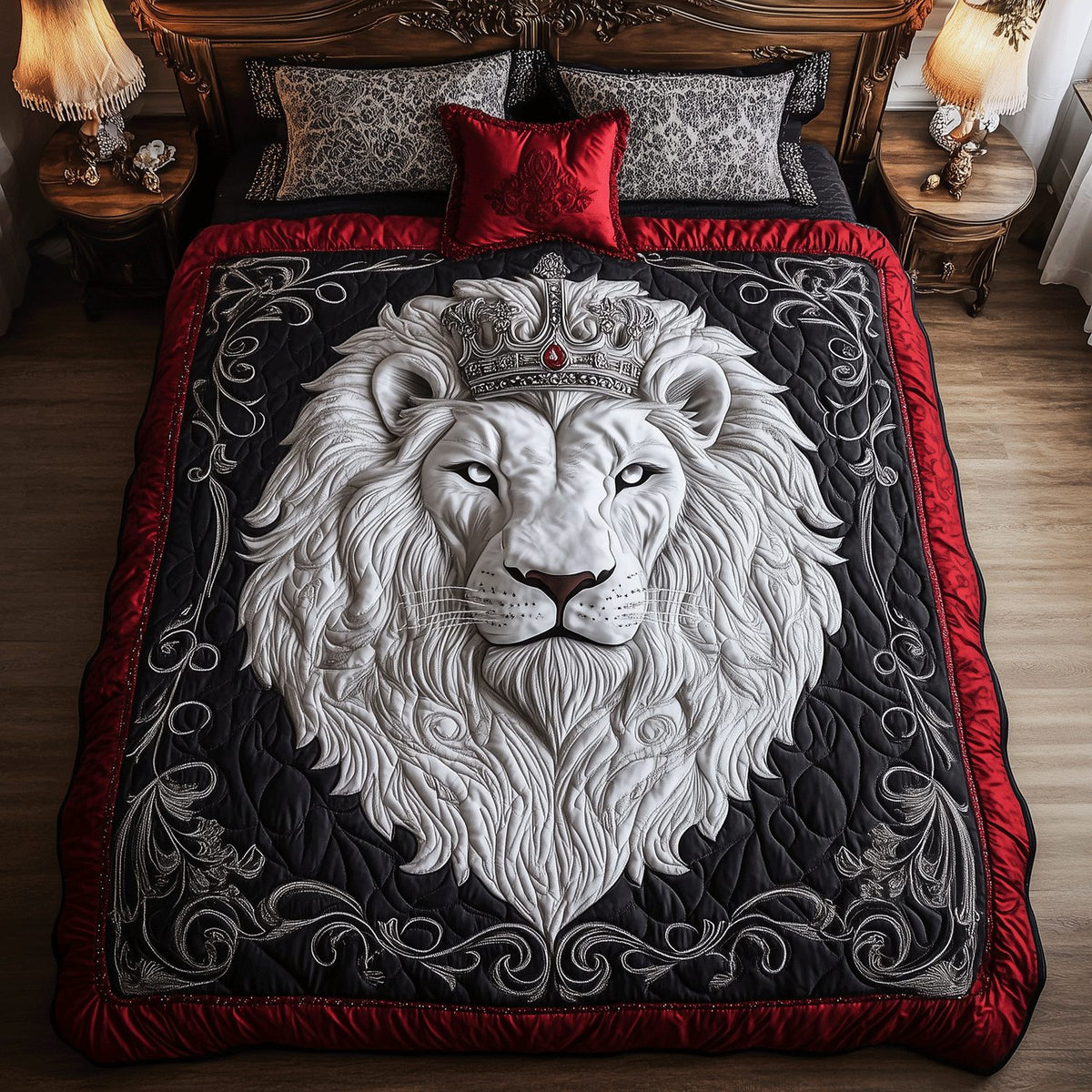 Lush Pines quilted 3-piece bedding set on a made bed with two matching pillow shams
