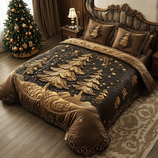 Luxe Holiday quilted 3-piece bedding set on a made bed in a winter-styled bedroom