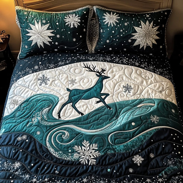 Luxe Reindeer quilted 3-piece bedding set on a made bed in a winter-styled bedroom