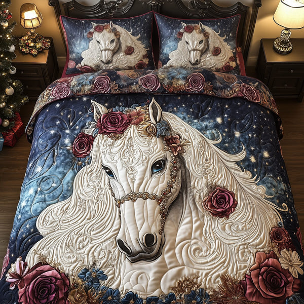 Luxurious Dreamy Horse quilted 3-piece bedding set on a made bed in a rustic timber bedroom