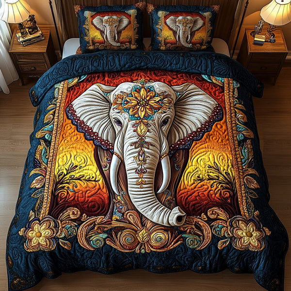 Luxurious Elephant quilted 3-piece bedding set on a made bed with two matching pillow shams