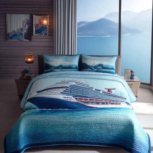 Luxury Cruiser quilted 3-piece bedding set on a made bed with two matching pillow shams