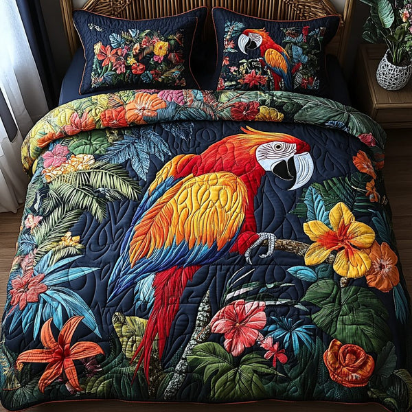 Macaw Magic quilted 3-piece bedding set on a made bed with two matching pillow shams
