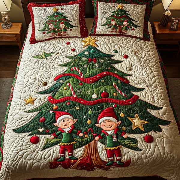 Magic Elf quilted 3-piece bedding set on a made bed in a winter-styled bedroom