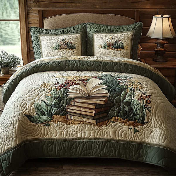 Magic in Bloom quilted 3-piece bedding set on a made bed with two matching pillow shams