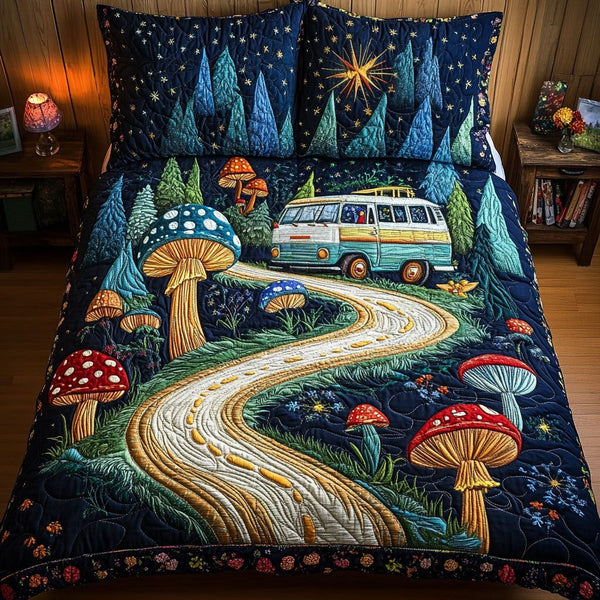 Magic Mushrooms Journey quilted 3-piece bedding set on a made bed with two matching pillow shams