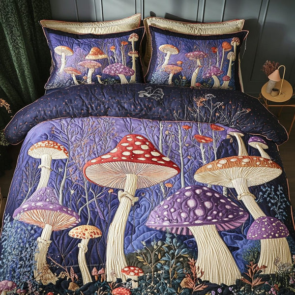 Magic Mushrooms quilted 3-piece bedding set on a made bed with two matching pillow shams