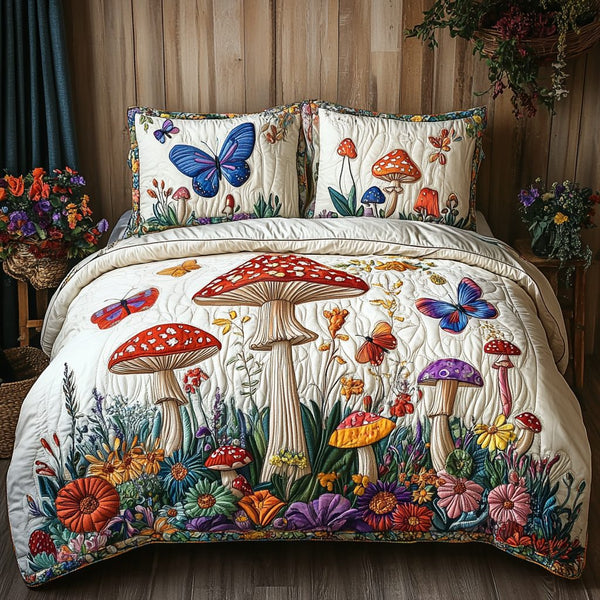 Magic Mycelium quilted 3-piece bedding set on a made bed with two matching pillow shams