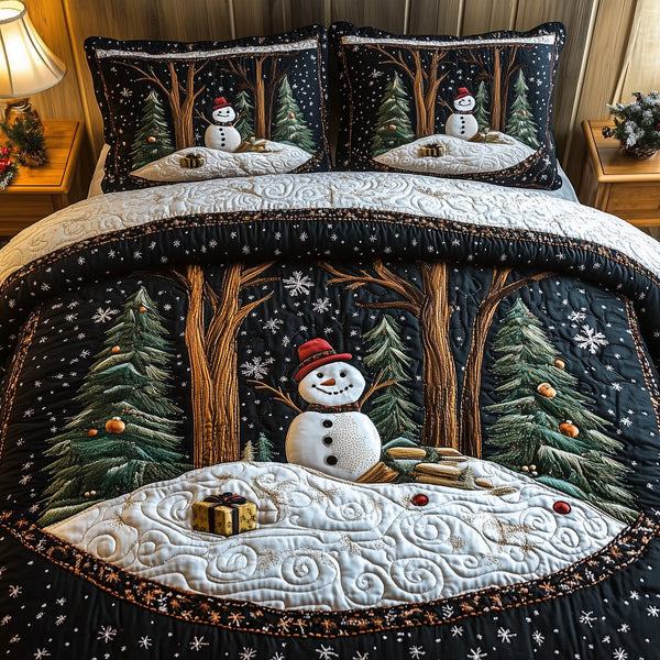 Magic of Christmas quilted 3-piece bedding set on a made bed in a winter-styled bedroom