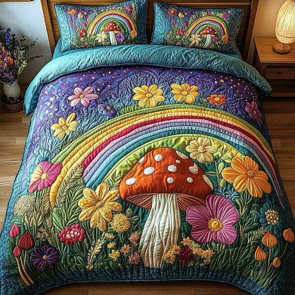 Magic Shrooms quilted 3-piece bedding set on a made bed with two matching pillow shams