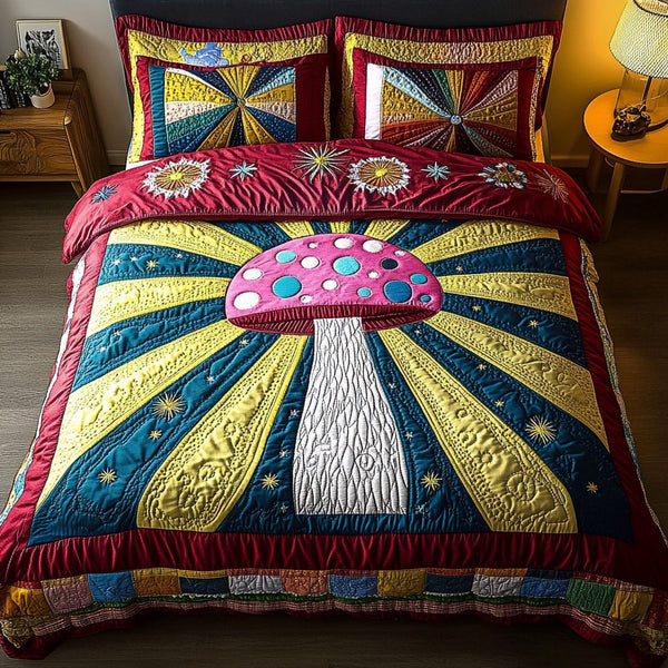 Magic Spore quilted 3-piece bedding set on a made bed with two matching pillow shams