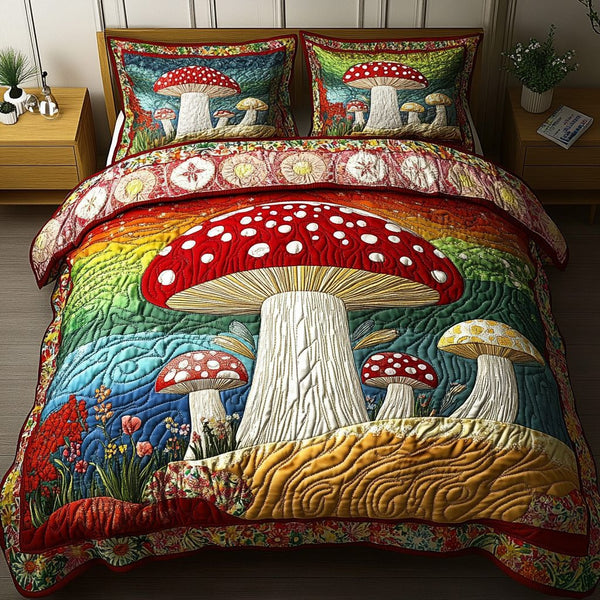 Magic Spore quilted 3-piece bedding set on a made bed with two matching pillow shams
