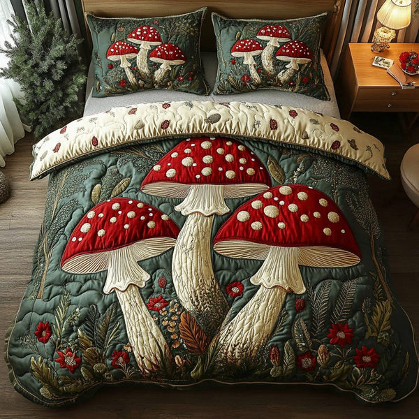 Magic Sporeland quilted 3-piece bedding set on a made bed with two matching pillow shams