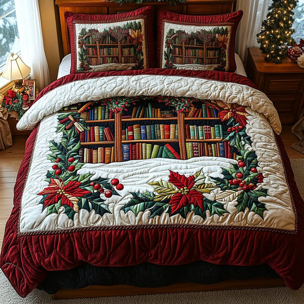 Magical Book Haven quilted 3-piece bedding set on a made bed with two matching pillow shams