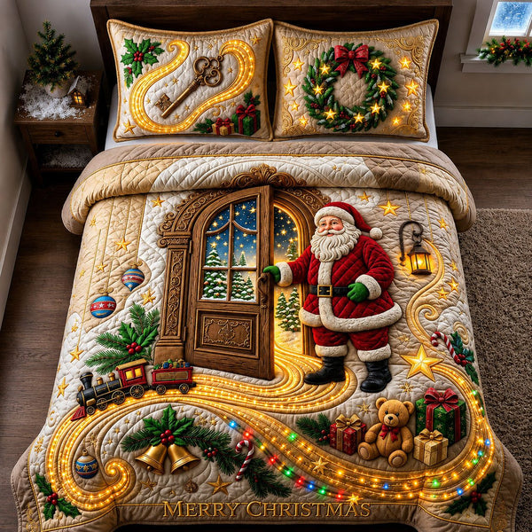 Magical Christmas Door quilted 3-piece bedding set on a made bed in a winter-styled bedroom