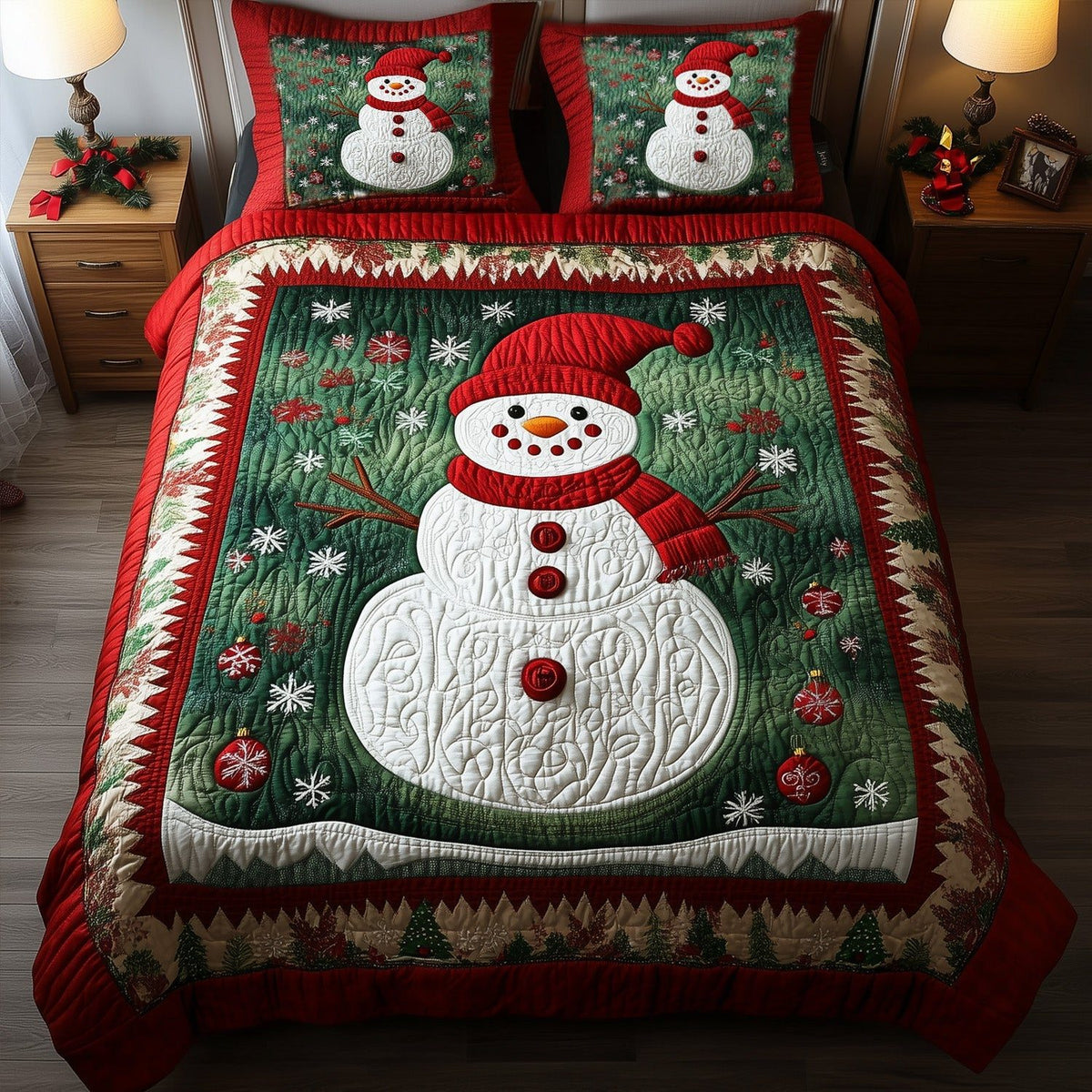 Magical Christmas Night quilted 3-piece bedding set on a made bed in a winter-styled bedroom