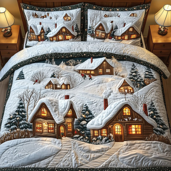 Magical Christmas Village quilted 3-piece bedding set on a made bed in a winter-styled bedroom